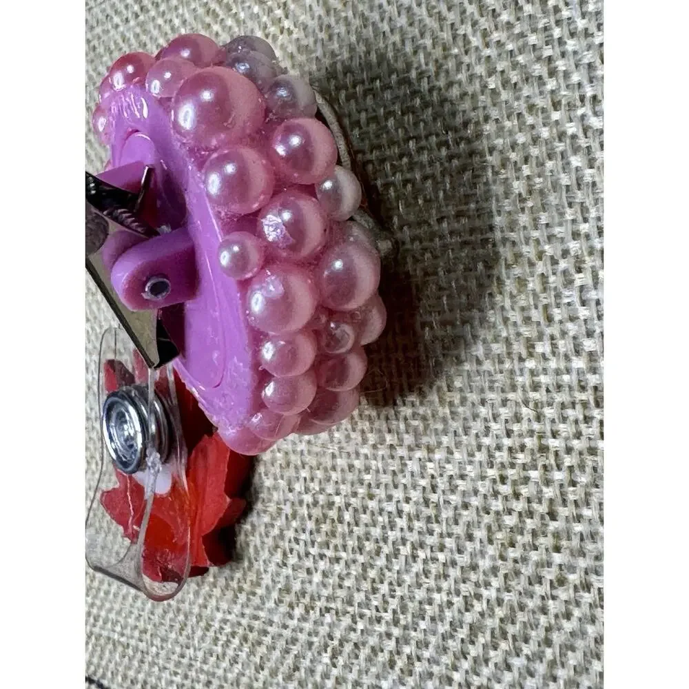 Fall Pumpkin with Pink Pearls Retractable Reel ID Badge Handmade Alligator Clip